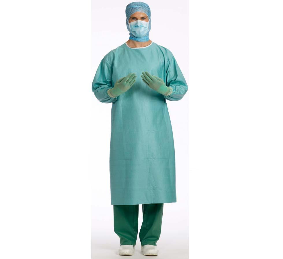 Man wearing Green Barrier Sterile Surgical Gown with green gloves mask and head cover - Sentinel Laboratories Ltd