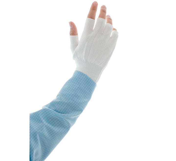 A Person in a Blue Lab Coat wearing a White BioClean Halfingers™ Non-Sterile 145mm Length Nylon Fingerless Gloves - Sentinel Laboratories Ltd