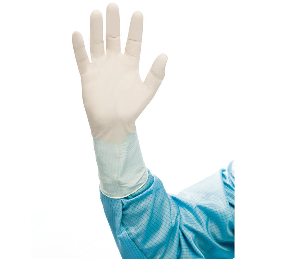 A Person in a Blue Lab Coat Wearing a White BioClean Nano 4™ Non-Sterile 300mm Length Nitrile Glove - Sentinel Laboratories Ltd