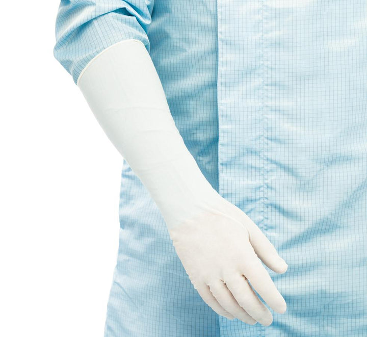 A Person Wearing a Blue Lab Coat Wearing a White Long Length Cuff BioClean Nerva™ Non-Sterile 400mm Length Nitrile Glove - Sentinel Laboratories Ltd