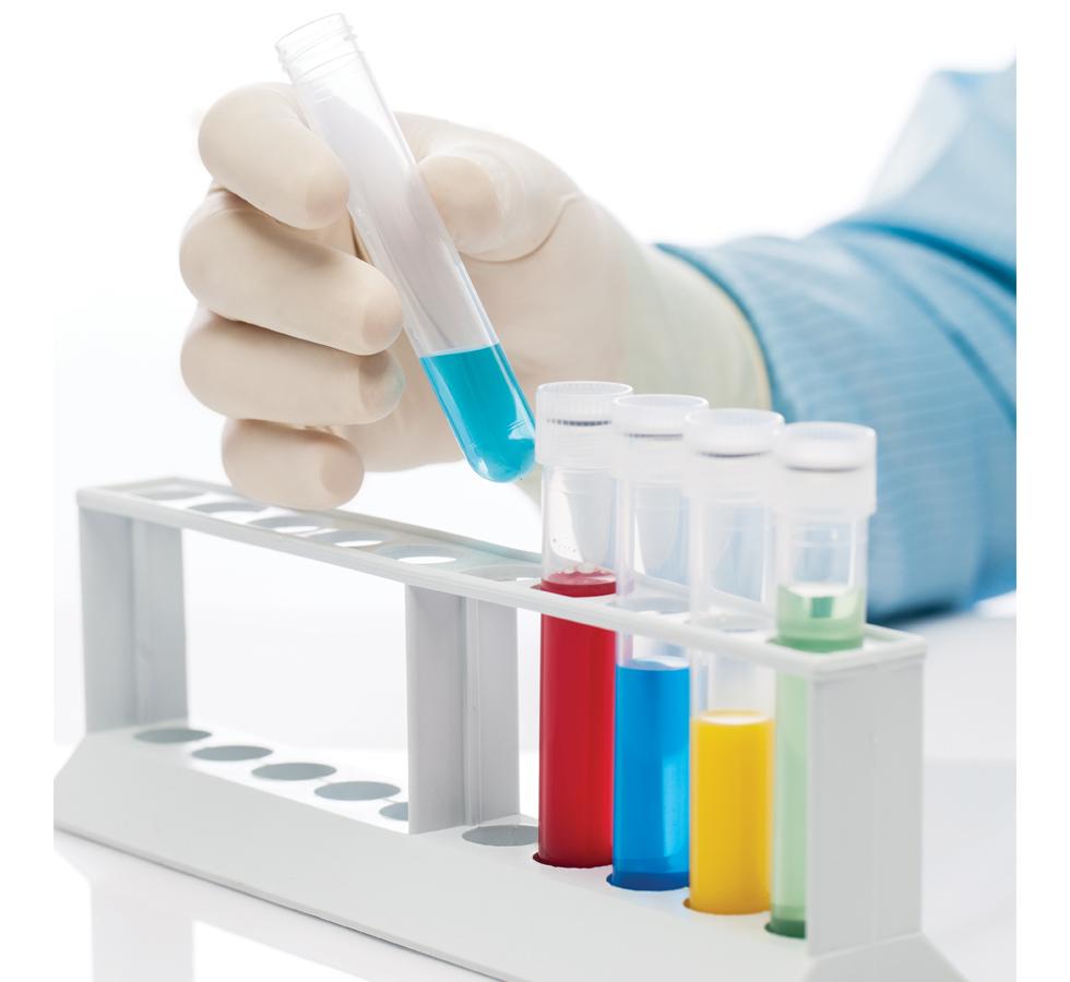 A Person in a Blue Lab Coat Wearing a Single White BioClean Ultimate™ Sterile 300mm Length Polychloroprene Glove Sorting a Variety of Coloured Vials - Sentinel Laboratories Ltd