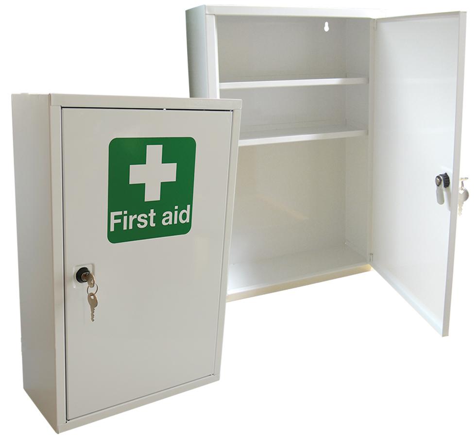 Open White and Green British Standard Compliant Metal First Aid Cabinet - Empty - Key Lock - Sentinel Laboratories Ltd