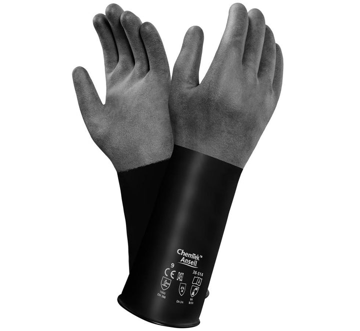 A Pair of Dark Grey and Black Long Cuff CHEMTEK™ 38-514 Gloves - Sentinel Laboratories Ltd