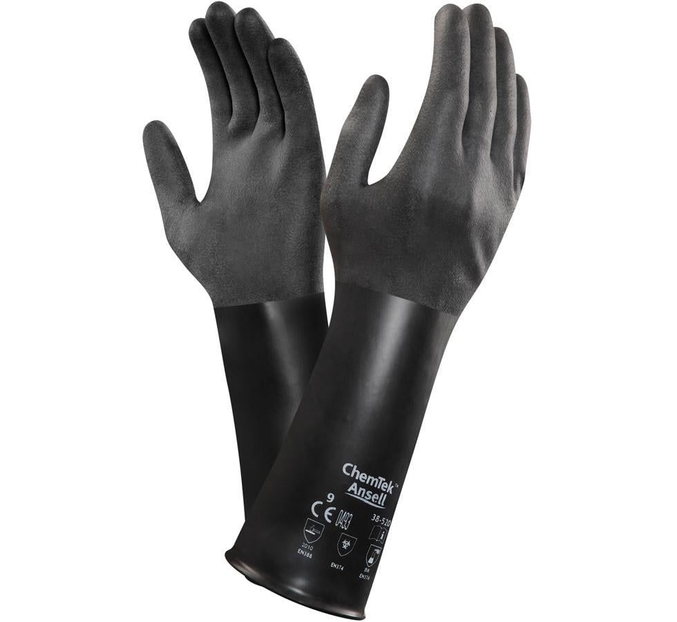 A Pair of Dark Grey and Black Long Length Cuff CHEMTEK™ 38-520 Gloves with White Lettering - Sentinel Laboratories Ltd