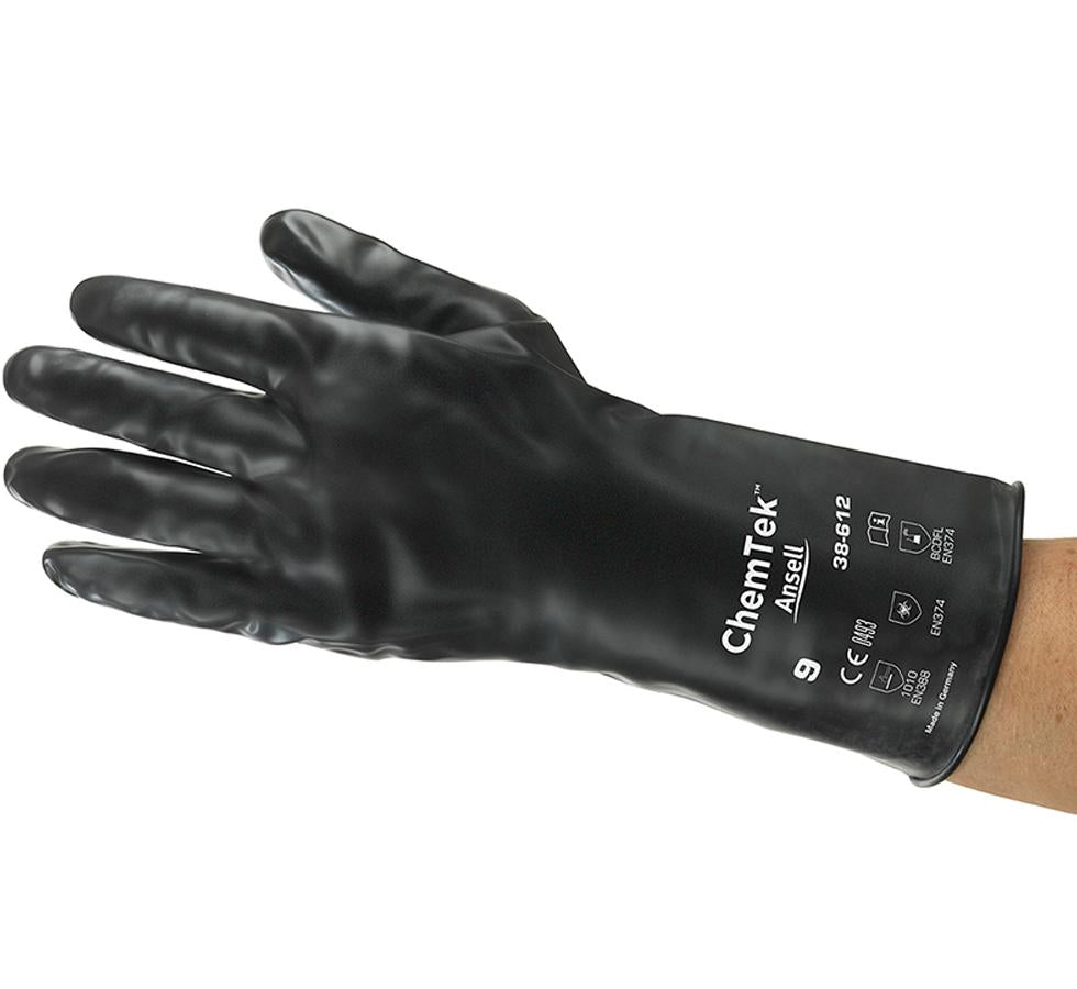 A Man Wearing a Single Black CHEMTEK™ 38-612 with Long Length Cuff and White Lettering - Sentinel Laboratories Ltd