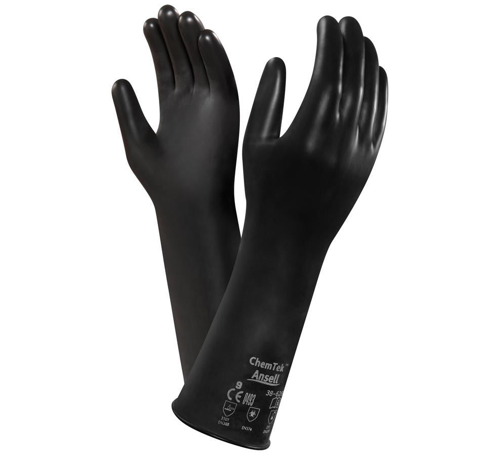 A Pair of Black CHEMTEK™ 38-628 Long Cuff Length Gloves with White Lettering - Sentinel Laboratories Ltd