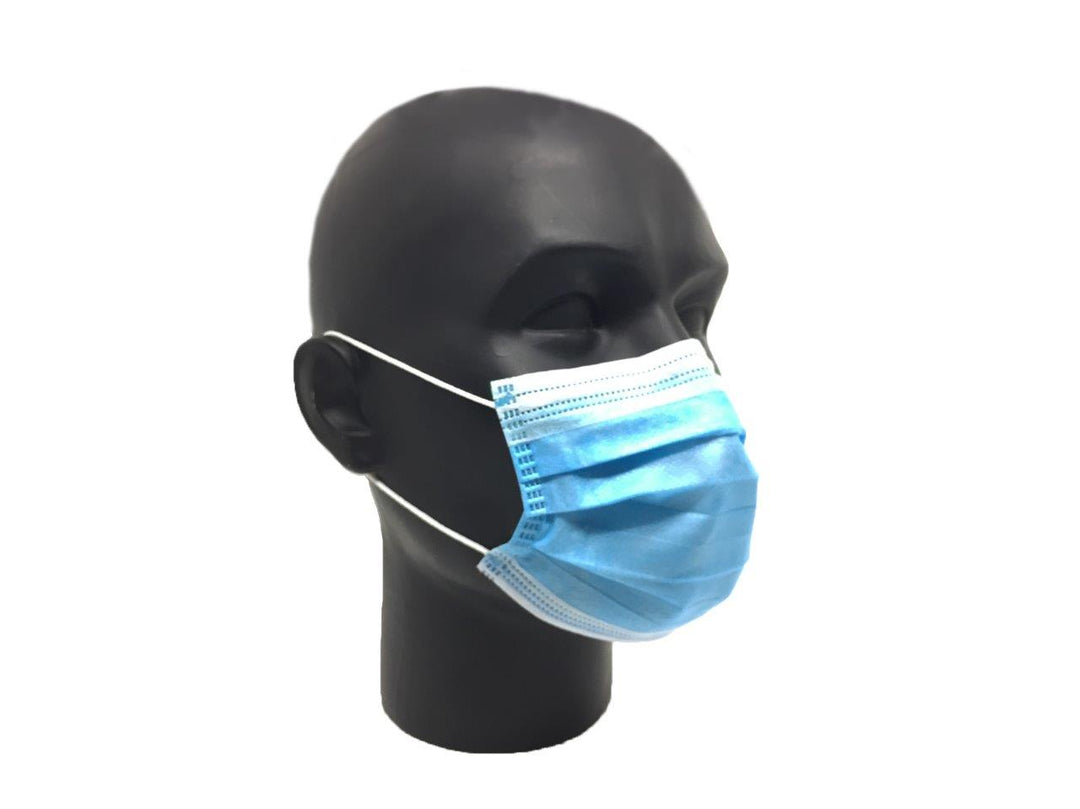 Blue Nonmedical Disposable Face Mask on a Dark Grey Mannequin