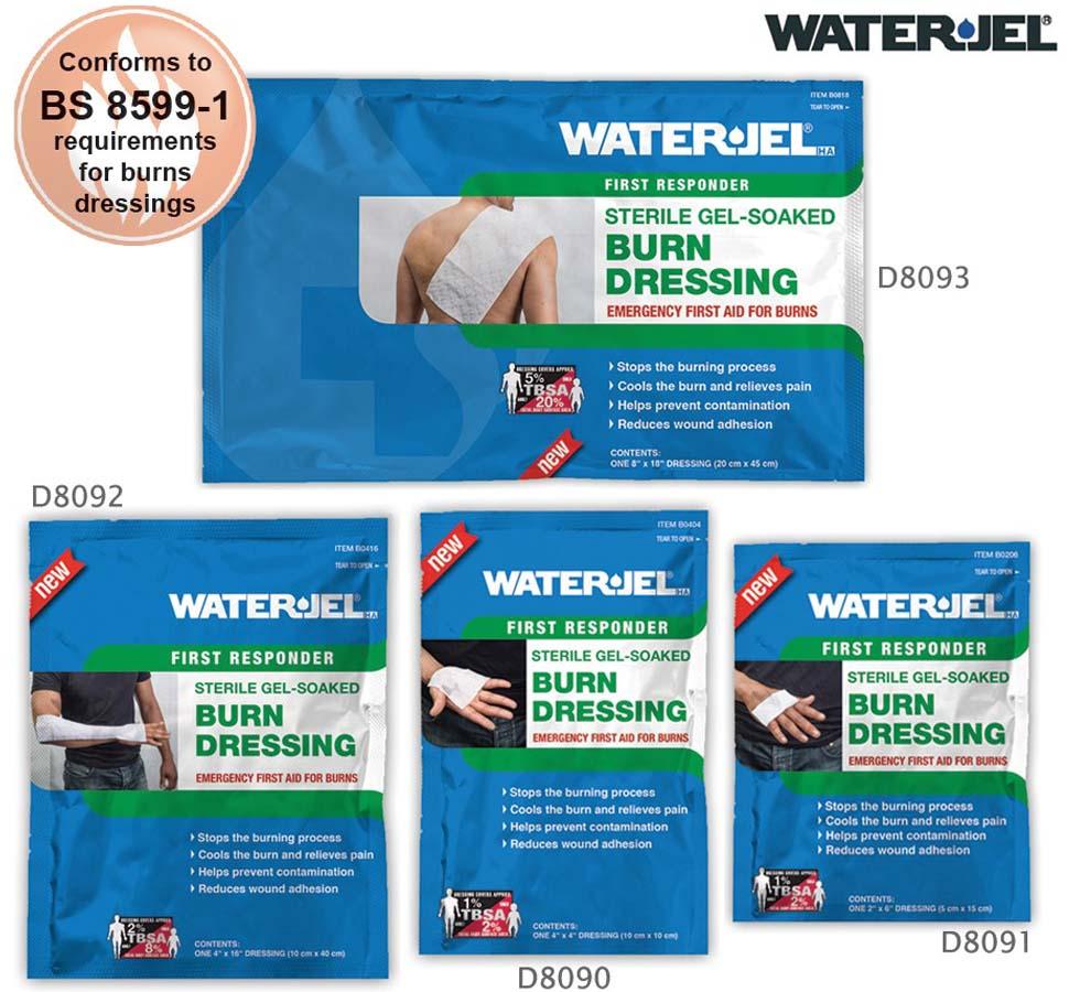 Blue, Green White Water-Jel® Burn Dressing - BS 8599-1 Label - Sizes D8090, D8091, D8092 and D8093 - Sentinel Laboratories Ltd