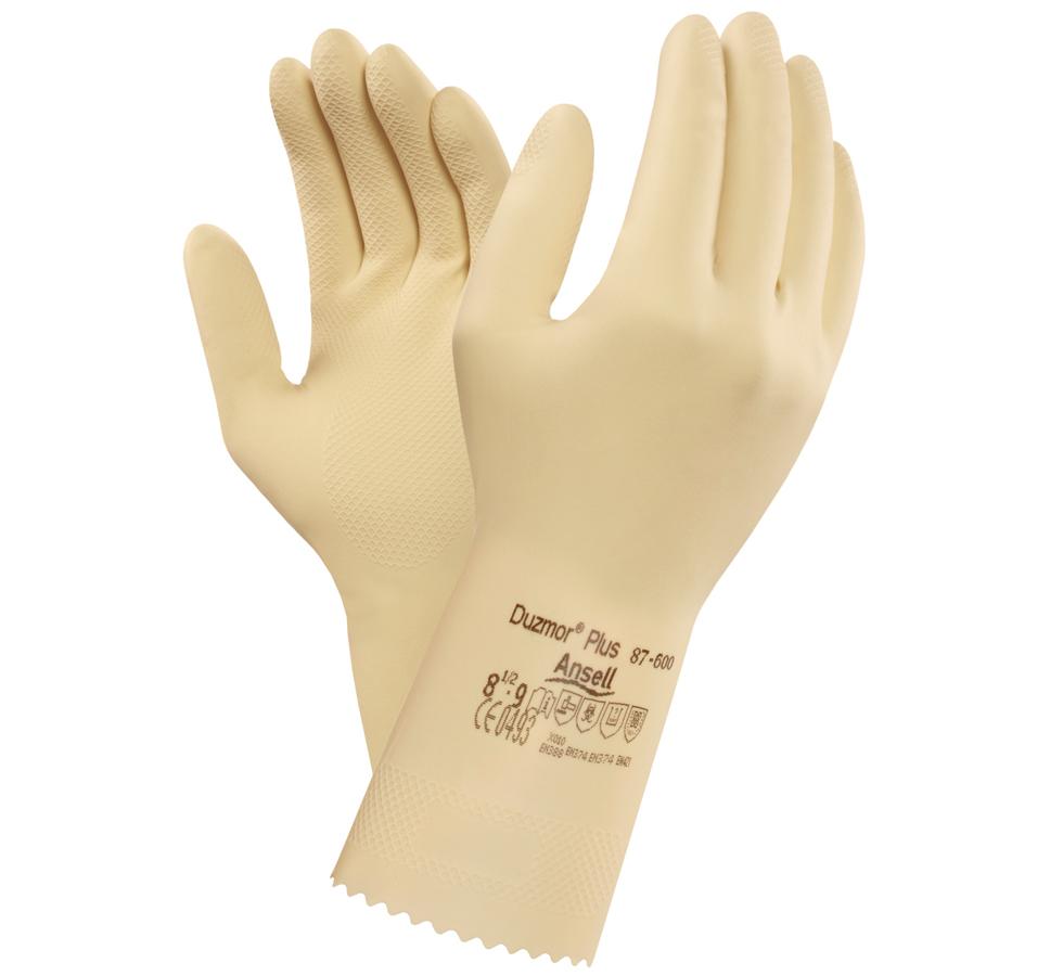 A Pair of Light Tan Coloured DUZMOR PLUS® 87-600 Gloves with Black Lettering - Sentinel Laboratories Ltd
