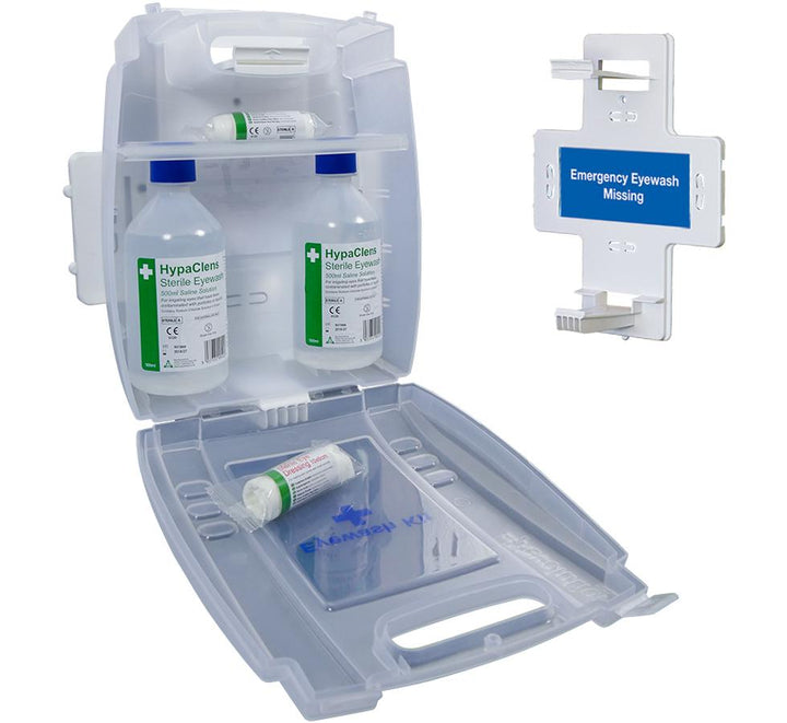 A Single Open Clear Evolution Plus 2x500ml Eyewash Kit Next to White and Blue Wall Bracket - Sentinel Laboratories Ltd