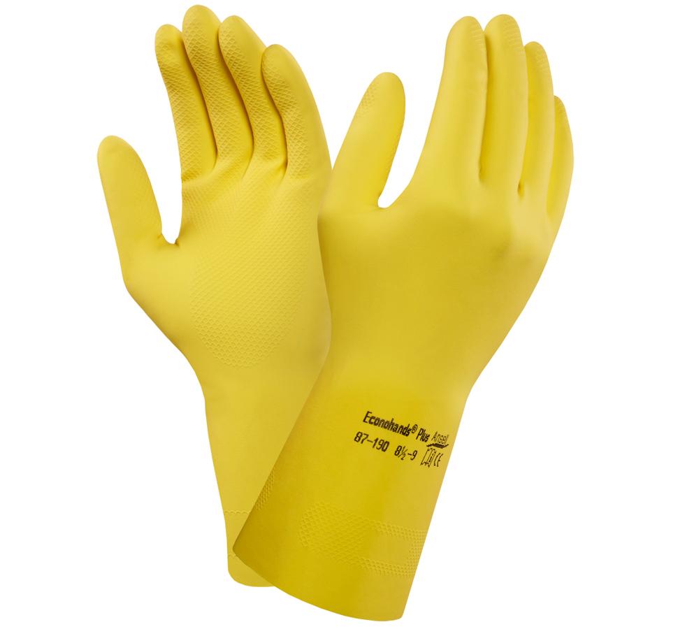 A Pair of Yellow Long Length Cuff ECONOHANDS PLUS® 87-190 Gloves with Black Lettering - Sentinel Laboratories Ltd
