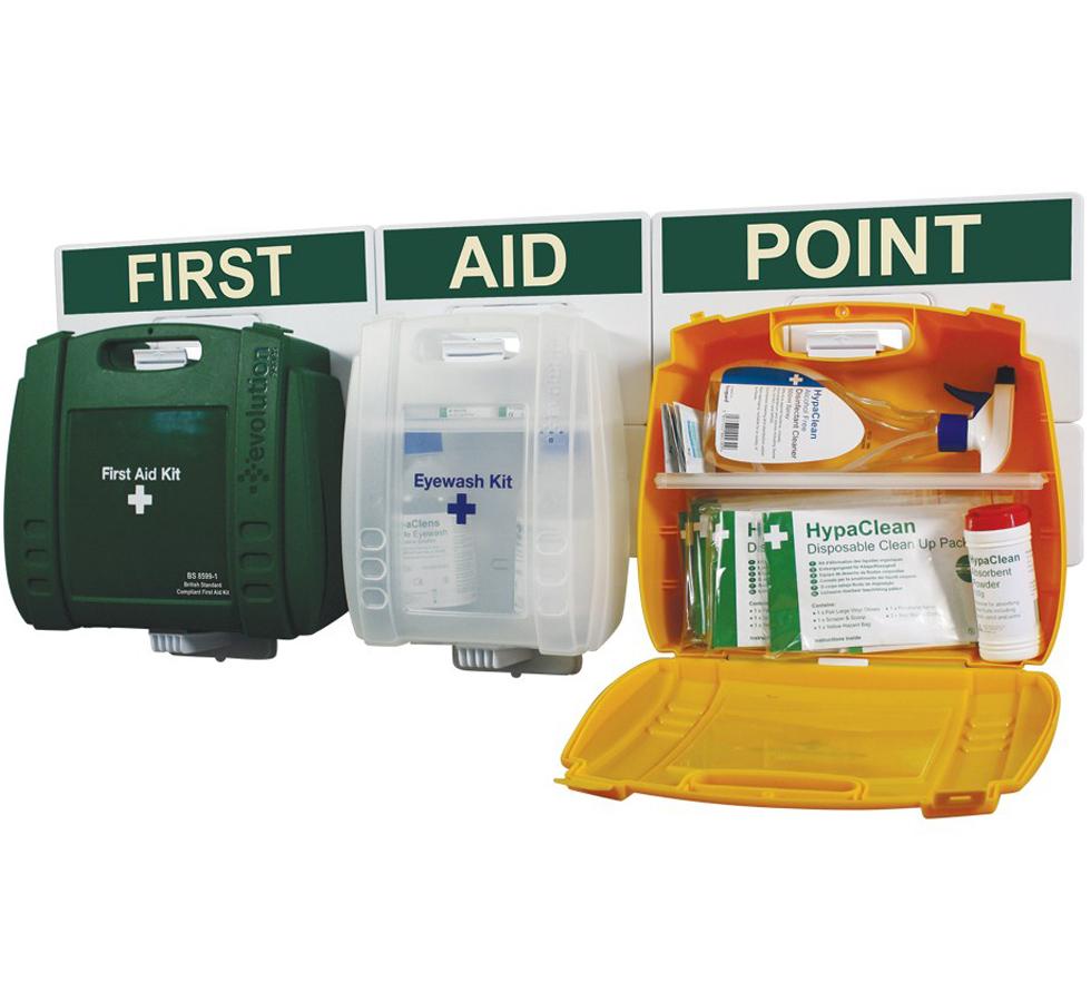Green, Clear and Orange First Aid Kits, White Evolution British Standard Compliant Comprehensive First Aid Point - Sentinel Laboratories Ltd