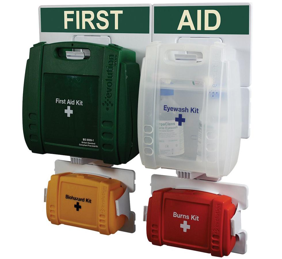 Green, Clear, Yellow and Red First Aid Kits, Evolution British Standard Compliant Complete First Aid Point - Sentinel Laboratories Ltd