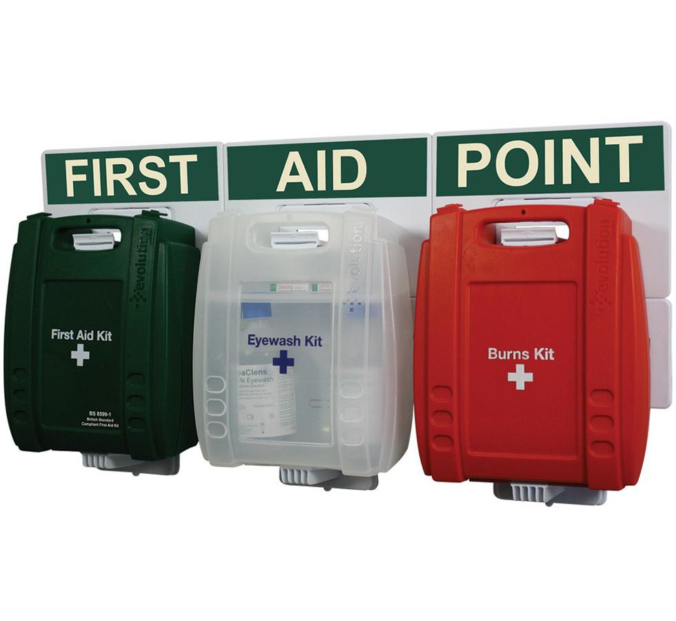 Dark Green, Clear and Red First Aid Kits, White and Green Evolution British Standard Compliant Comprehensive Catering First Aid Point - Sentinel Laboratories Ltd