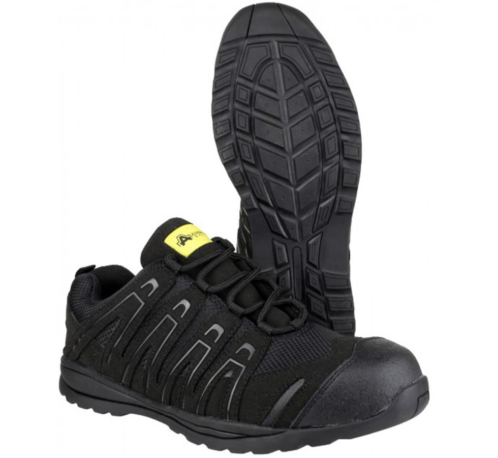 Side and Bottom View of Pair of FS40c Amblers Safety Black Composite Mesh Trainers - Sentinel Laboratories Ltd