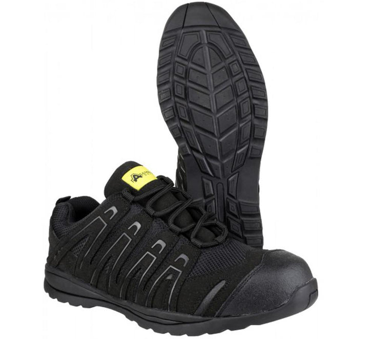 Side and Bottom View of Pair of FS40c Amblers Safety Black Composite Mesh Trainers - Sentinel Laboratories Ltd
