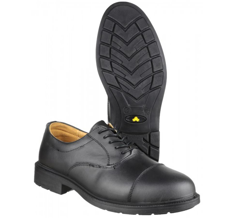 Side and Bottom View of a Pair of FS43 Amblers Safety Black 4-Eyelet Oxford Safety Shoes - Sentinel Laboratories Ltd