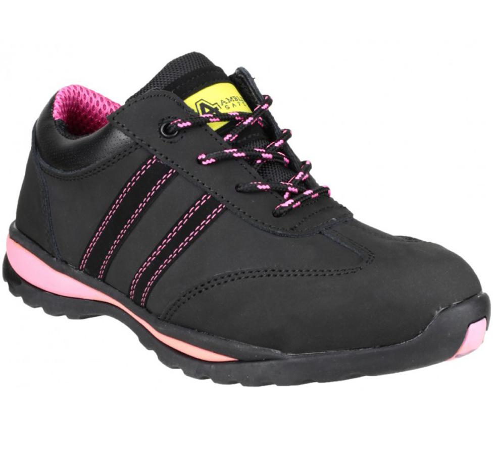 Black and Pink FS47 Amblers Safety Ladies Black Leather Trainers Yellow Amblers Logo - Sentinel Laboratories Ltd