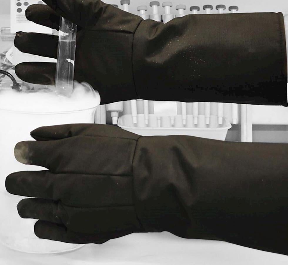 A Pair of Black Freezemaster Cryogenic Insulated Gauntlets Holding a Vial - Sentinel Laboratories Ltd