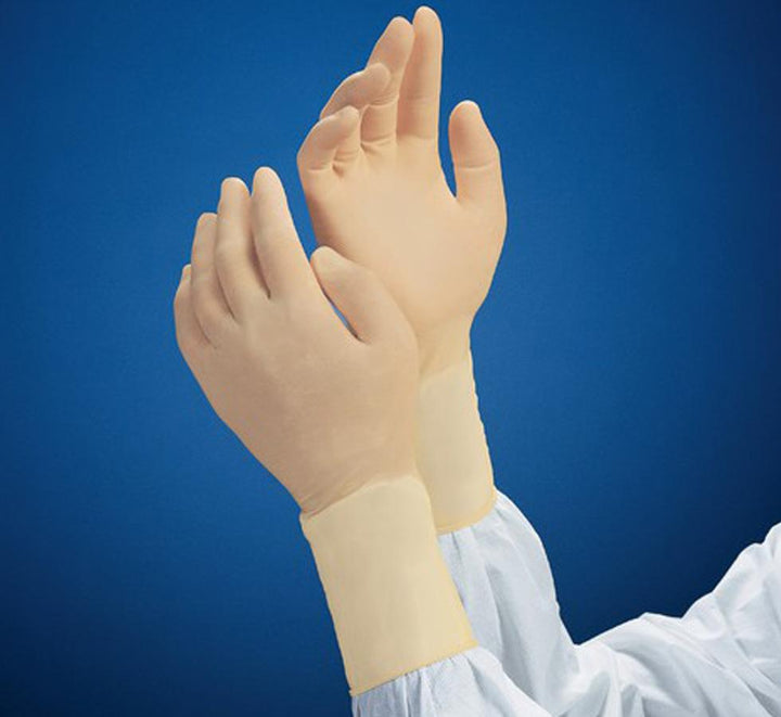 Person Wearing Pair of Tan Coloured HC225 KIMTECH PURE* G3 Latex Gloves - Blue Background - 30cm Ambidextrous - Sentinel Laboratories Ltd