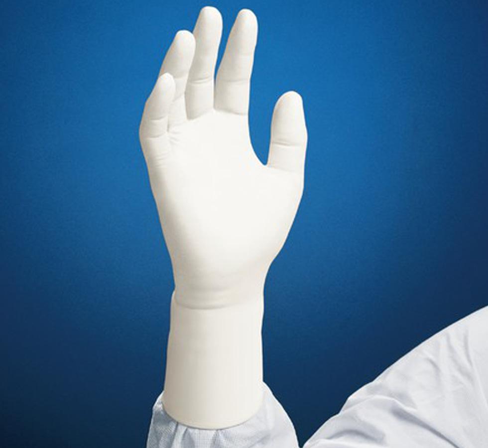Person Wearing White HC61010 KIMTECH PURE* G3 White Nitrile Gloves - 30cm Ambidextrous - Dark Blue Background - Sentinel Laboratories Ltd