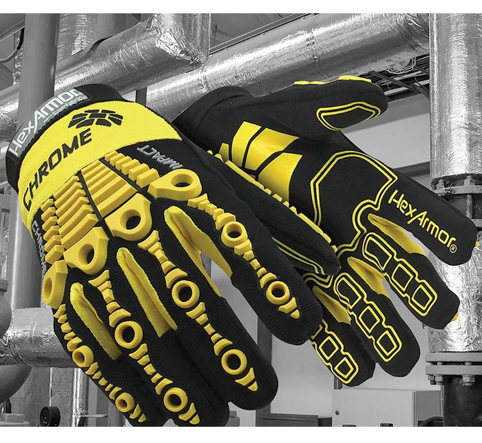 A Pair of Yellow and Black HexArmor® Chrome 4025 Industrial Gloves - Sentinel Laboratories Ltd