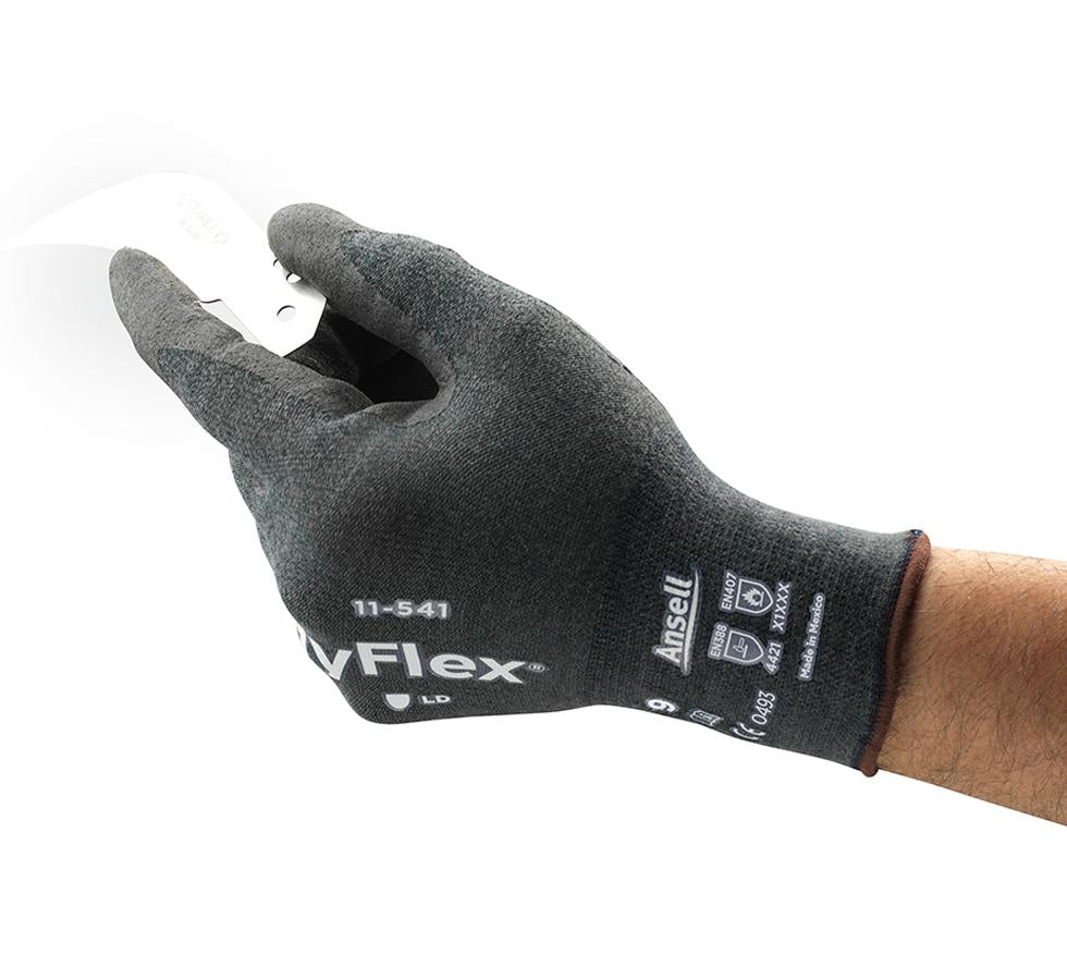 Man Wearing Single Dark Grey HYFLEX® 11-541 Glove - Brown Beaded, White Lettering - Brown Sentinel Laboratories Ltd