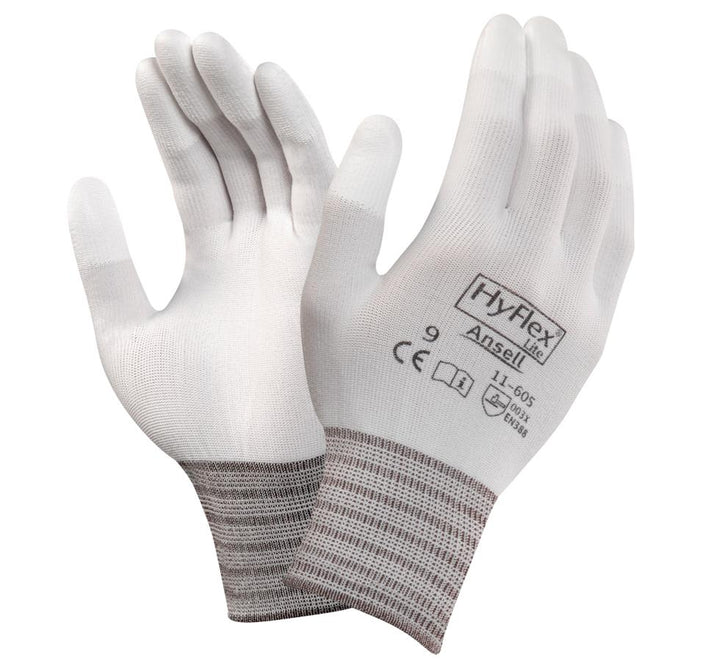 Pair of White and Grey HYFLEX® 11-605 Gloves - Dark Grey Lettering - Sentinel Laboratories Ltd