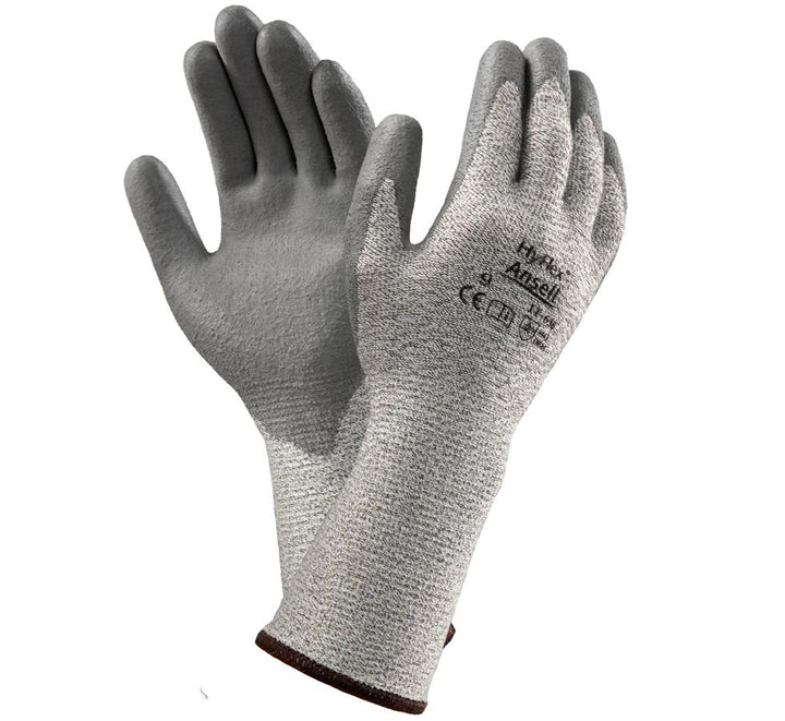 Pair of Light Grey Outer, Darker Grey Palm/Finger Tip HYFLEX® 11-638 Gloves - Brown Beaded, Black Lettering - Sentinel Laboratories Ltd