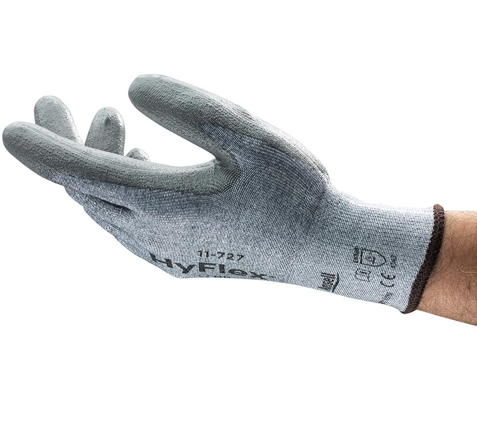 Man Wearing a Single Grey Colour HYFLEX® 11-727 Glove - Black Lettering - Sentinel Laboratories Ltd