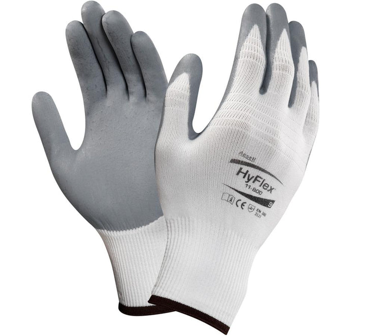 A Pair of White and Grey HYFLEX® 11-800 Gloves - Black Beaded and Black Lettering - Sentinel Laboratories Ltd