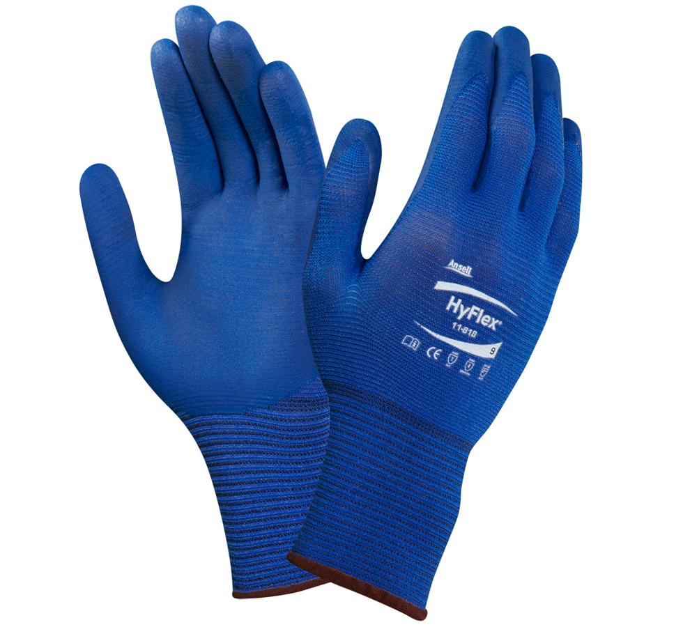 A Pair of Dark Blue HYFLEX® 11-818 Gloves with a Brown Beaded Cuff and White Lettering - Sentinel Laboratories Ltd