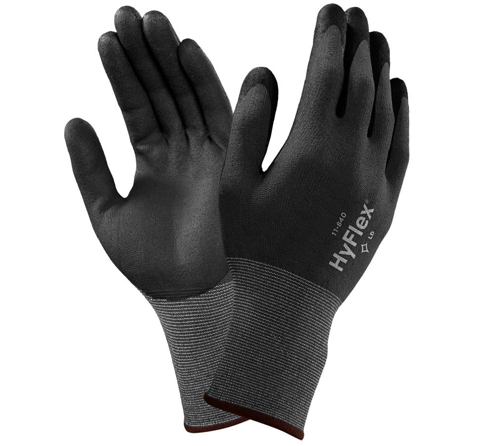 A Pair of Black HYFLEX® 11-840 Gloves with Brown Beaded, Grey Cuffs and White Lettering - Sentinel Laboratories Ltd
