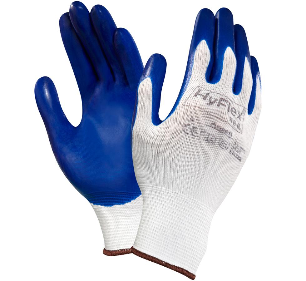 A Pair of White and Dark Blue HYFLEX® 11-900 Gloves with Brown Beaded Cuffs and Light Grey Lettering - Sentinel Laboratories Ltd