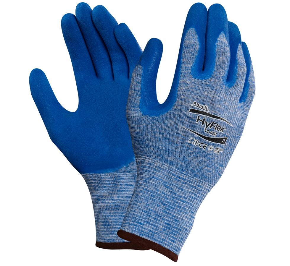 A Pair of Grey and Blue HYFLEX® 11-920 Gloves with Brown Beaded Cuffs and Black Lettering - Sentinel Laboratories Ltd