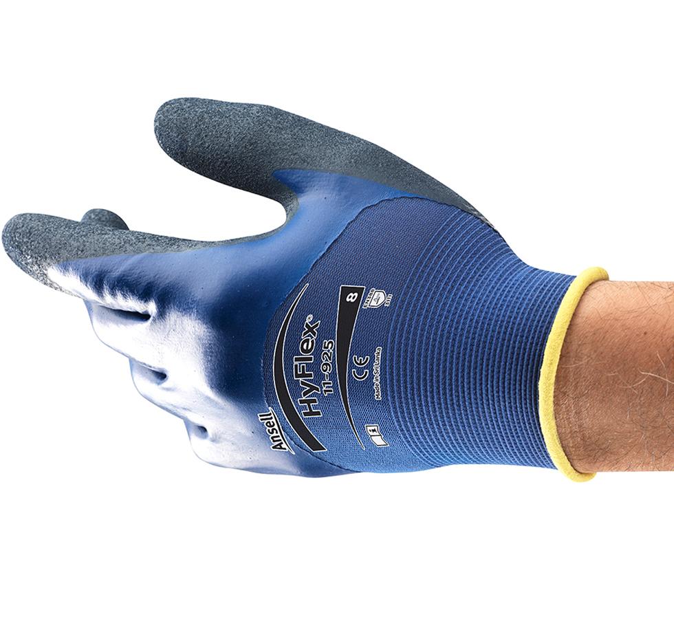 Man Wearing a Single Dark Blue HYFLEX® 11-925 Glove with Yellow Beaded Cuff and Black Lettering - Sentinel Laboratories Ltd