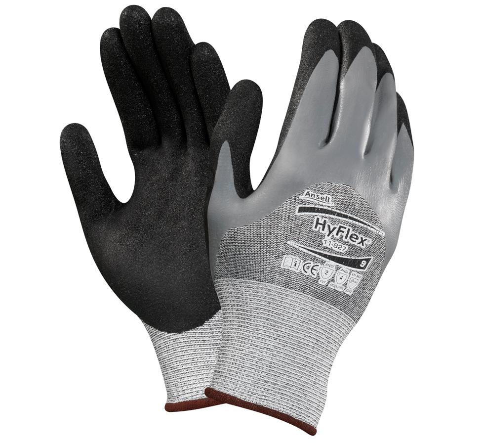 A Pair of Grey and Black HYFLEX® 11-927 Gloves with Brown Beaded Cuffs and Black Lettering - Sentinel Laboratories Ltd
