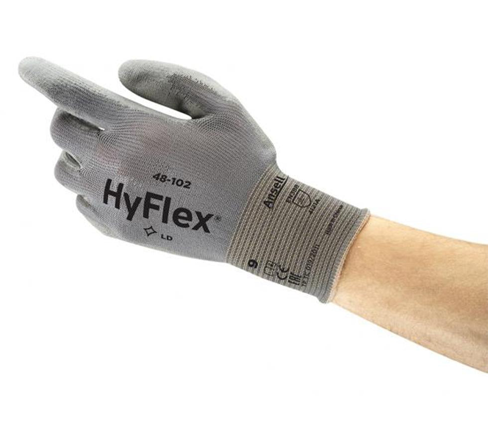 A Person Wearing a Single Grey Coloured Ansell HYFLEX® 48-102 (Previously SENSILITE®) Glove - Sentinel Laboratories Ltd