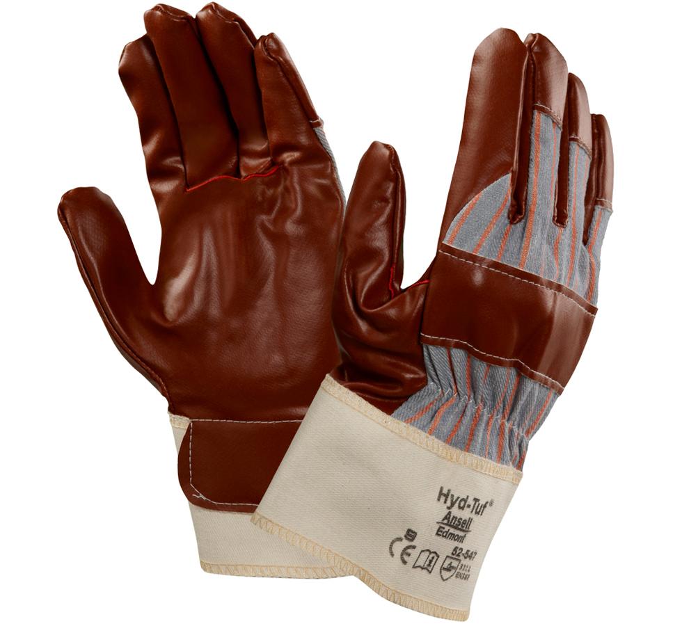 A Pair of Leather Brown, Grey and Cream Coloured HYD-TUF® 52-547 Gloves with Black Lettering - Sentinel Laboratories Ltd