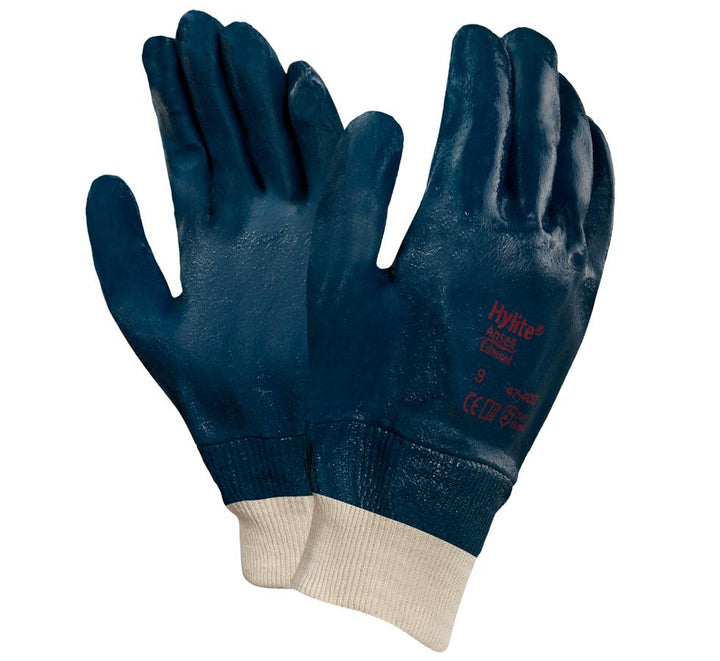 A Pair of Dark Navy and Cream Coloured Cuff HYLITE® 47-402 Gloves with Red Lettering - Sentinel Laboratories Ltd