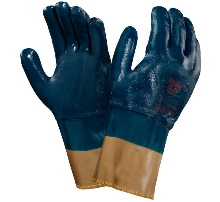 A Pair of Dark Navy and Brown Cuffed HYLITE® 47-409 Shiny Gloves with Red Lettering - Sentinel Laboratories Ltd