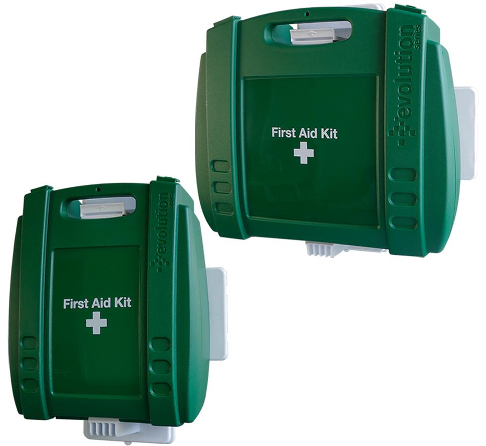 Pair of Green Evolution Plus British Standard Compliant Workplace First Aid Kit with White Wall Mount - Sentinel Laboratories Ltd
