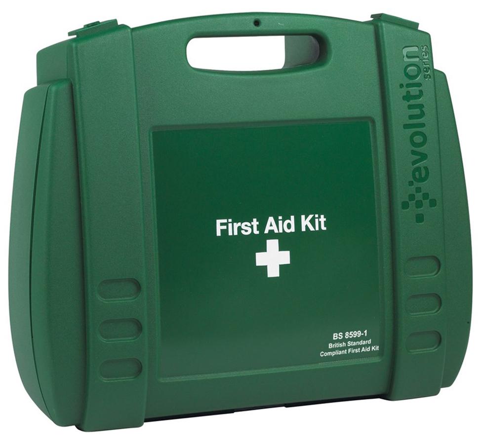 A Closed Green Evolution British Standard Compliant First Aid Kit with Fire Extinguisher - Sentinel Laboratories Ltd