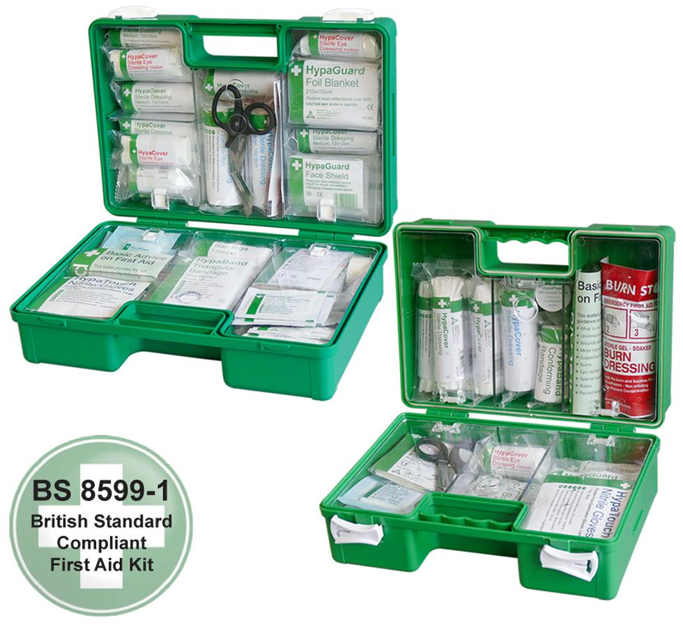 A Pair of Open Green British Standard Compliant Deluxe Workplace First Aid Kits - BS 8599-1 - Sentinel Laboratories Ltd