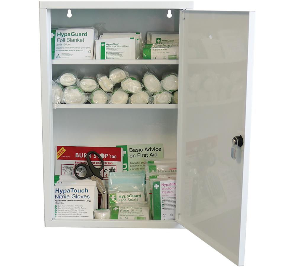 Full Open White British Standard Compliant Metal First Aid Cabinet - Fully Stocked - Sentinel Laboratories Ltd