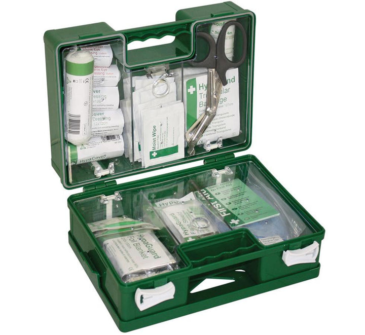 A Single Open Green Coloured Deluxe Catering First Aid Kit - Sentinel Laboratories Ltd