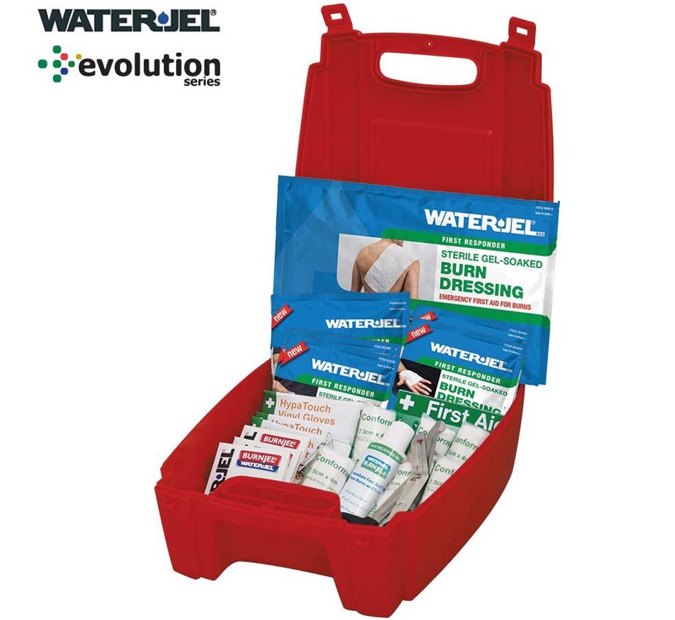 An Open Red Evolution Plus Water-Jel® Burns Kit with Assorted Blue and White Packs Inside - Sentinel Laboratories Ltd