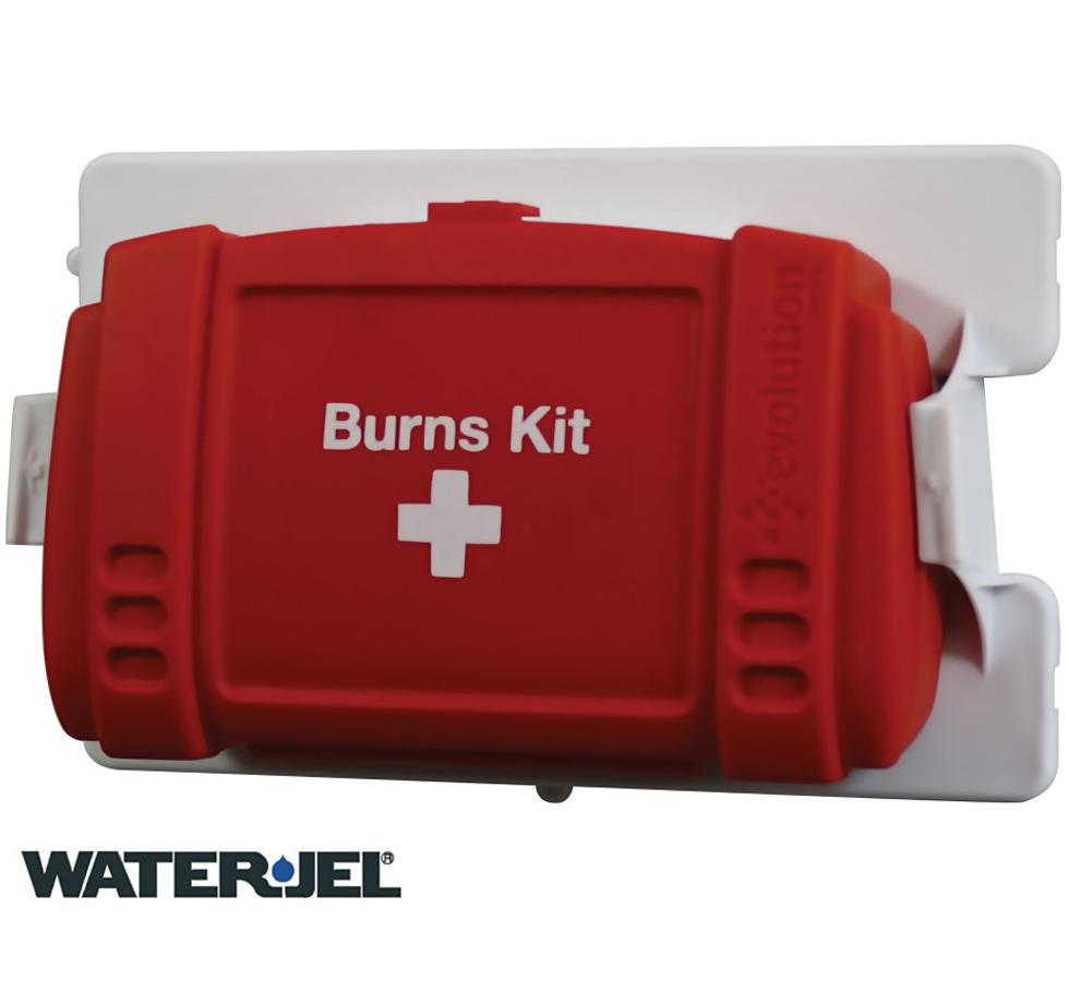 A Single Small Red Evolution Plus Water-Jel® Burns Kit Mounted on a White Wall Bracket - Sentinel Laboratories Ltd