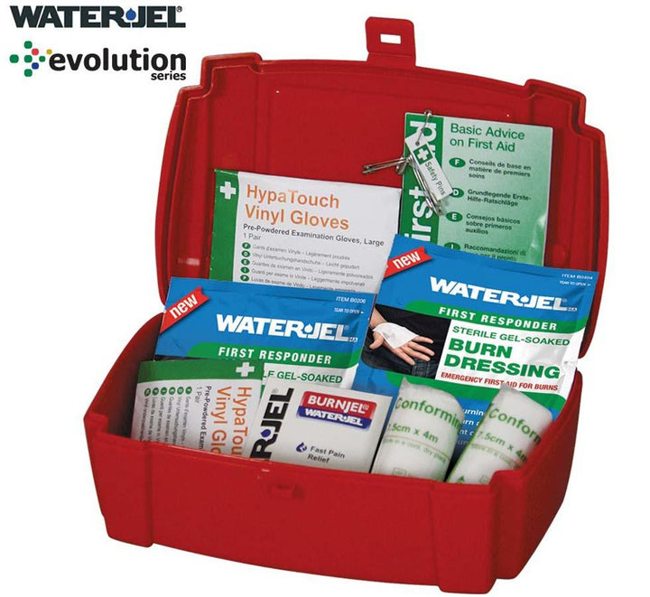 An Open Red Evolution Water-Jel® Burns Kit with Bandages, Burn Dressing, and Different Packs - Sentinel Laboratories Ltd