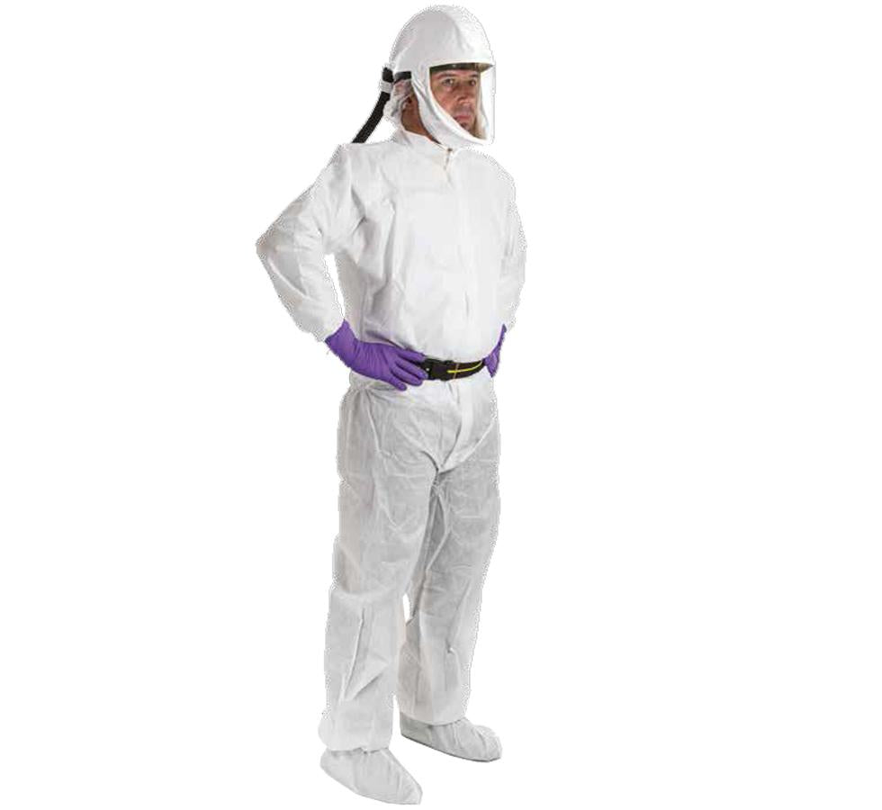 A Man Wearing a White KIMTECH PURE* A8 Breathable Particle Protection Coverall with Purple Nitrile Gloves and White Full Face Respirator - Sentinel Laboratories Ltd